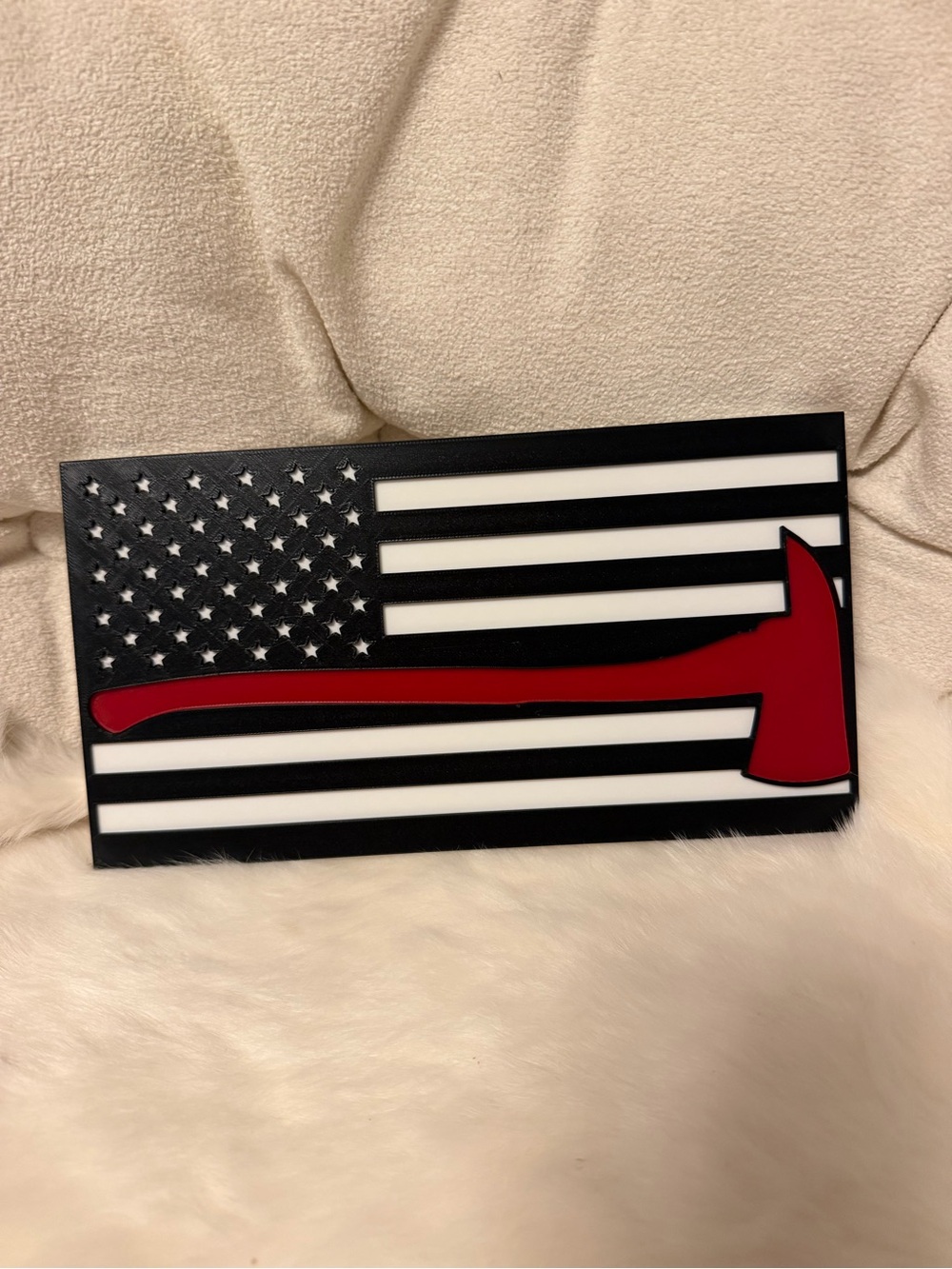 Black & White American Flag Wall Art with Red Axe Accent firefighter